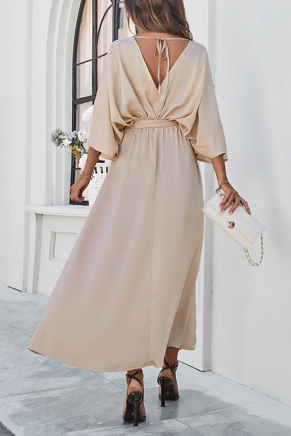 Slit Tied V-Neck Three-Quarter Sleeve Dress