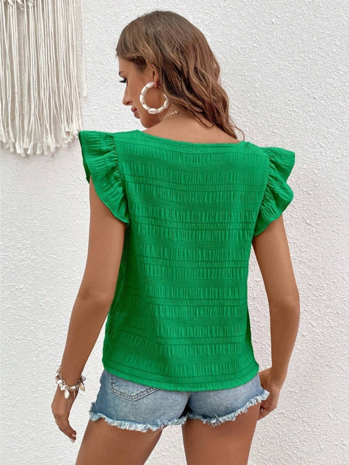 Ruffled Square Neck Cap Sleeve Blouse