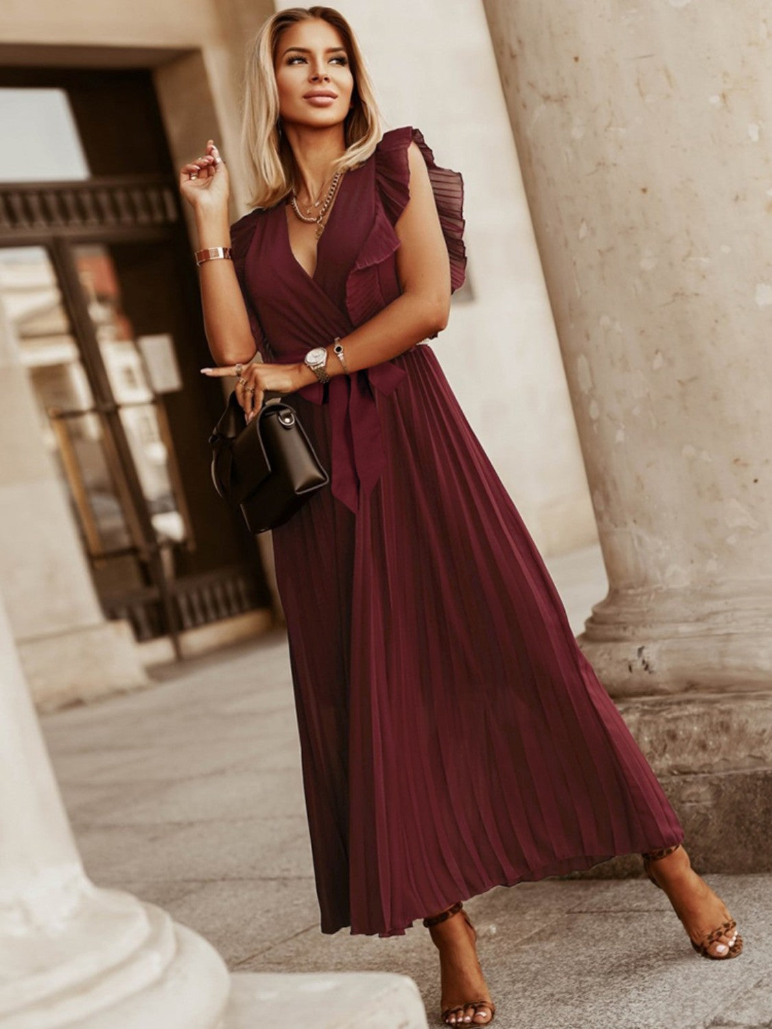 Tied Surplice Cap Sleeve Pleated Dress