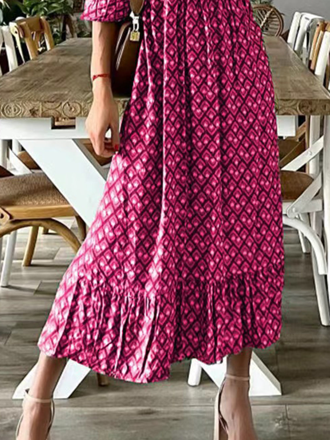 Smocked Printed V-Neck Midi Dress