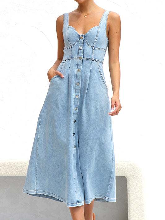 Sweetheart Neck Wide Strap Denim Dress