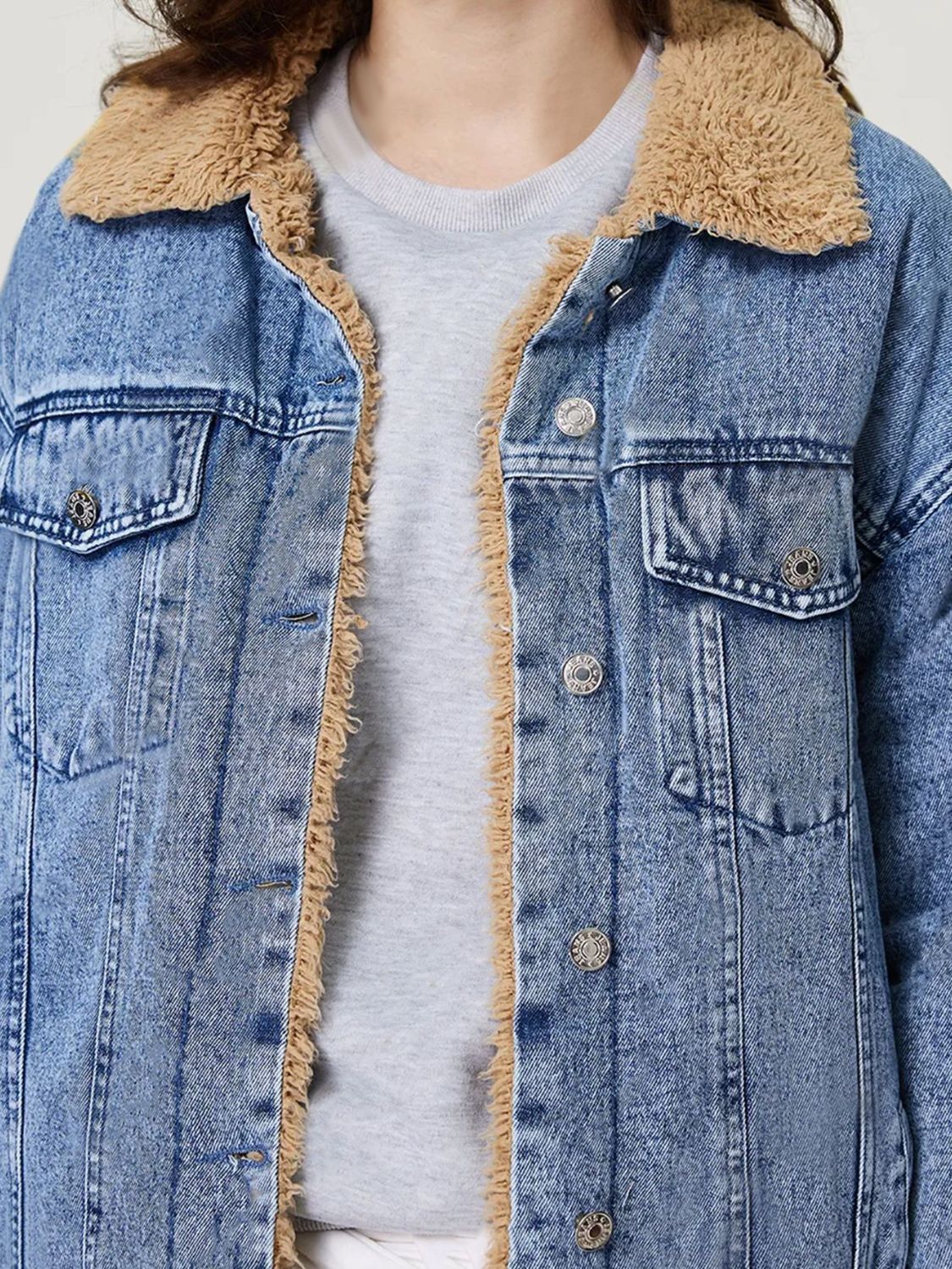 Button Up Collared Neck Plush Denim Jacket