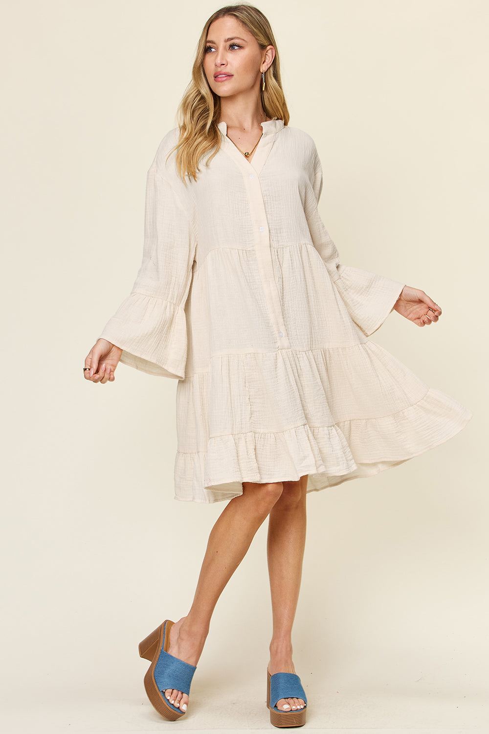 Double Take Full Size Texture Button Up Ruffle Hem Dress