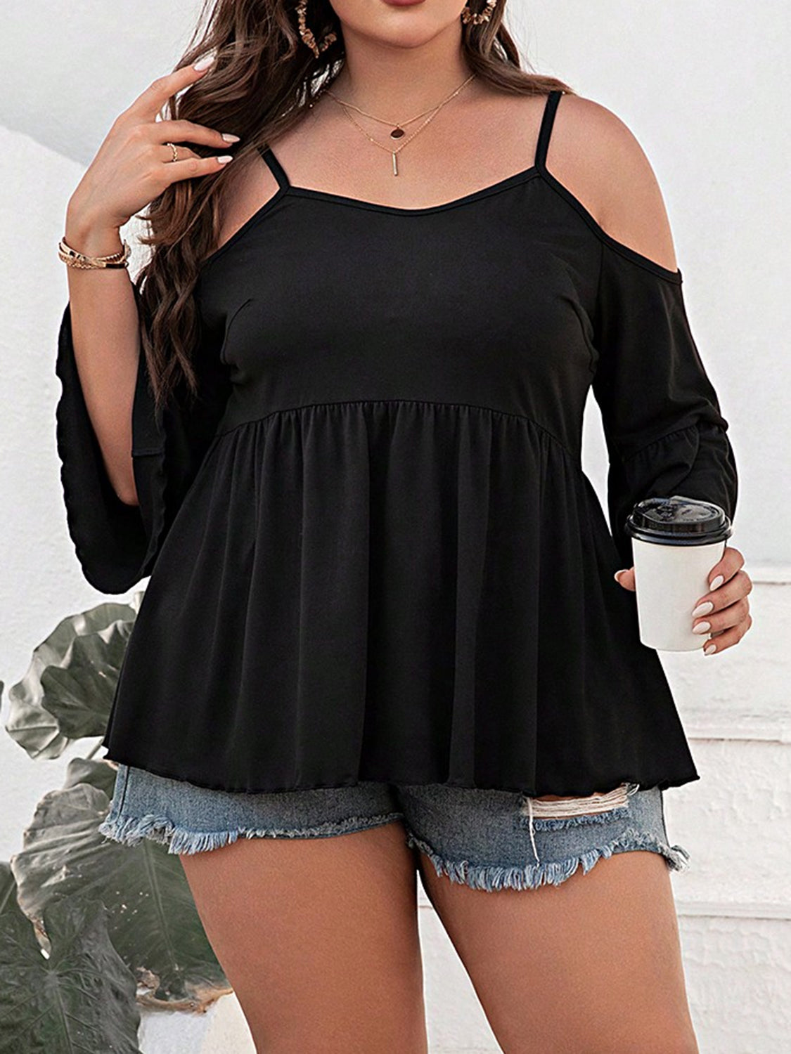 Plus Size Cold Shoulder Flounce Sleeve Blouse