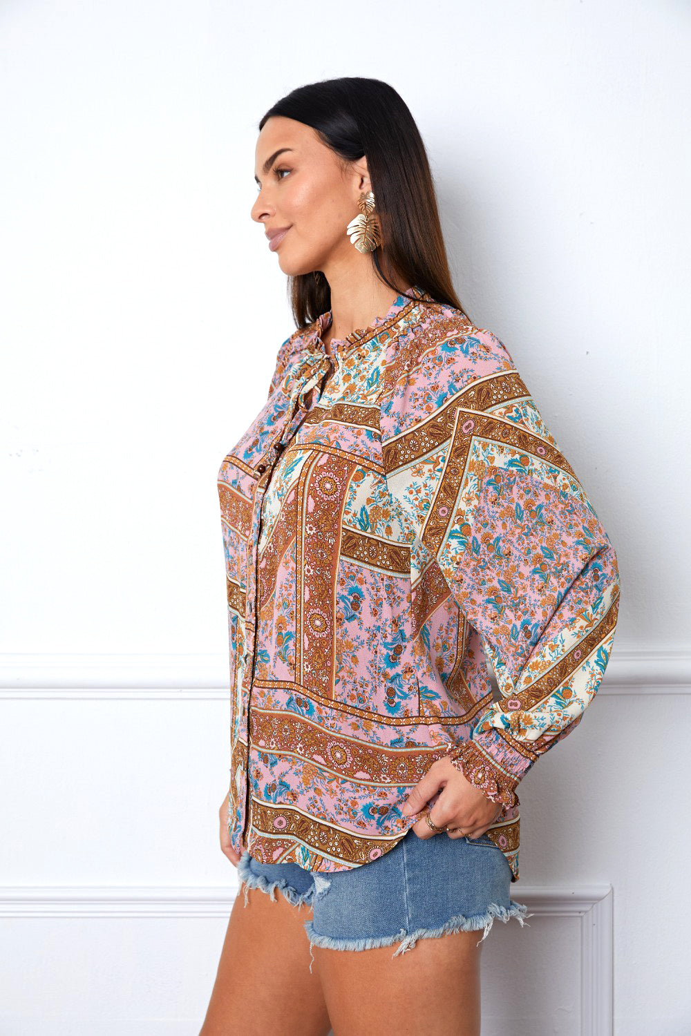 Printed Tie Neck Button Up Long Sleeve Blouse