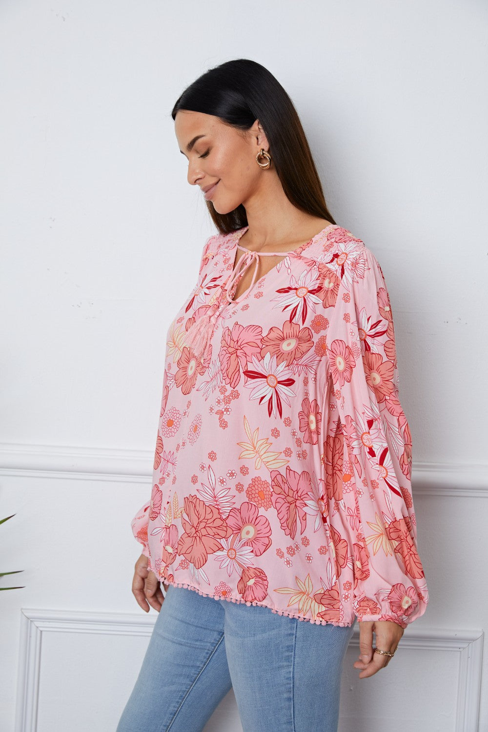 Floral Smocked Tassel Tie Balloon Sleeve Blouse