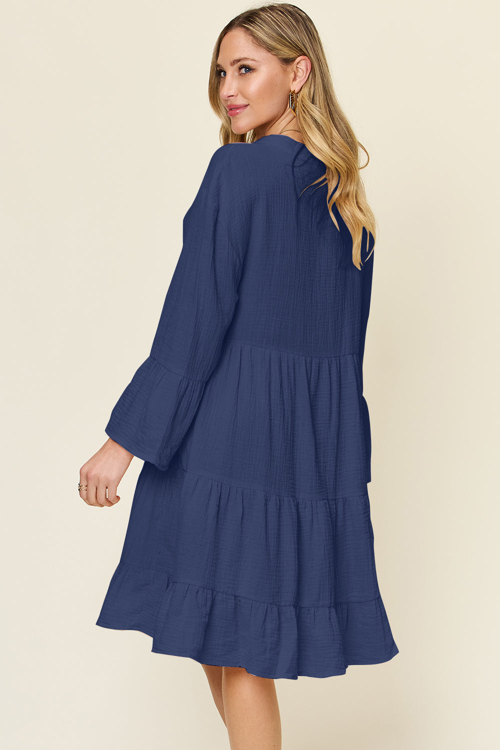 Double Take Full Size Texture Button Up Ruffle Hem Dress