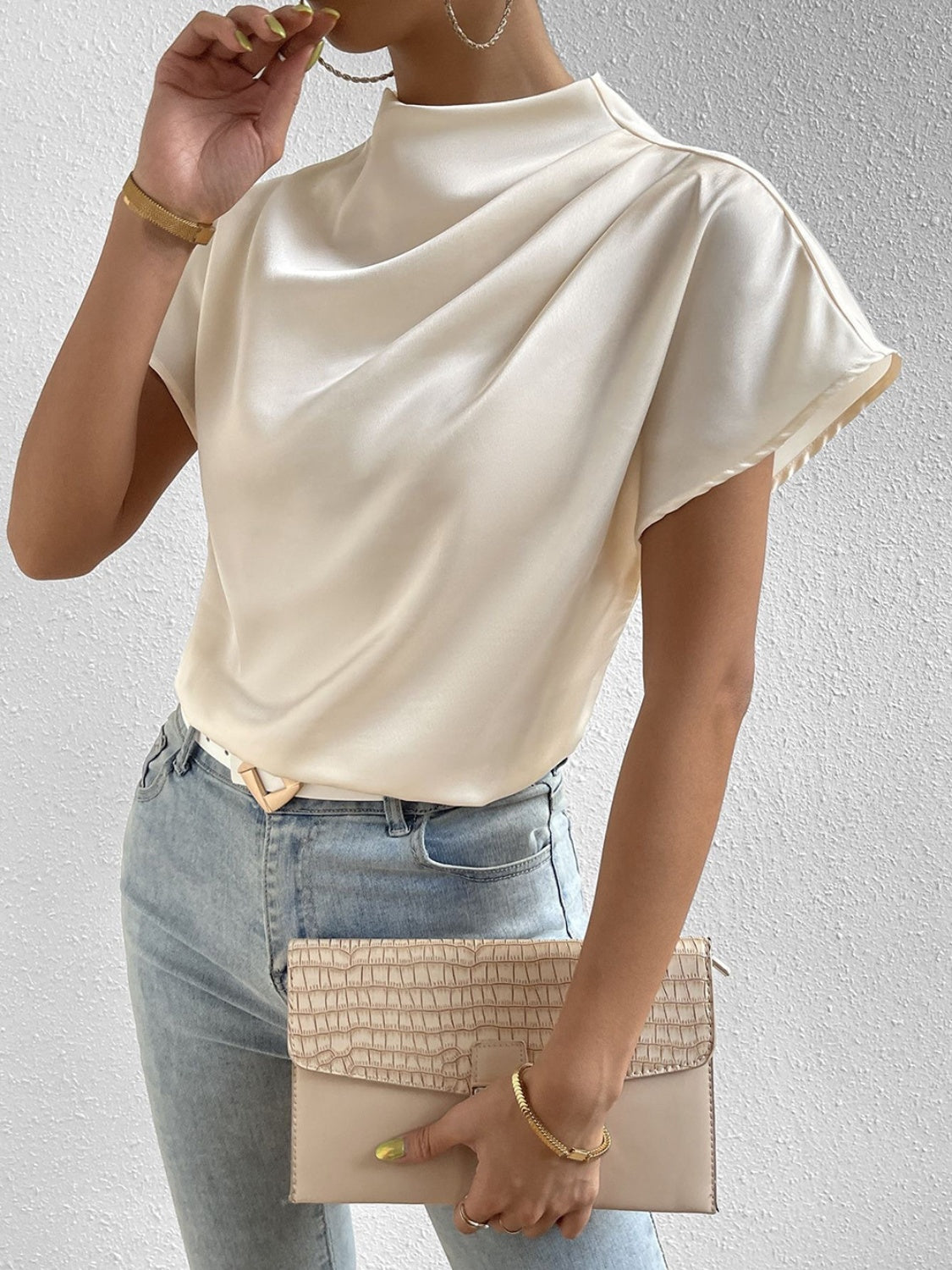 Ruched Mock Neck Short Sleeve Blouse