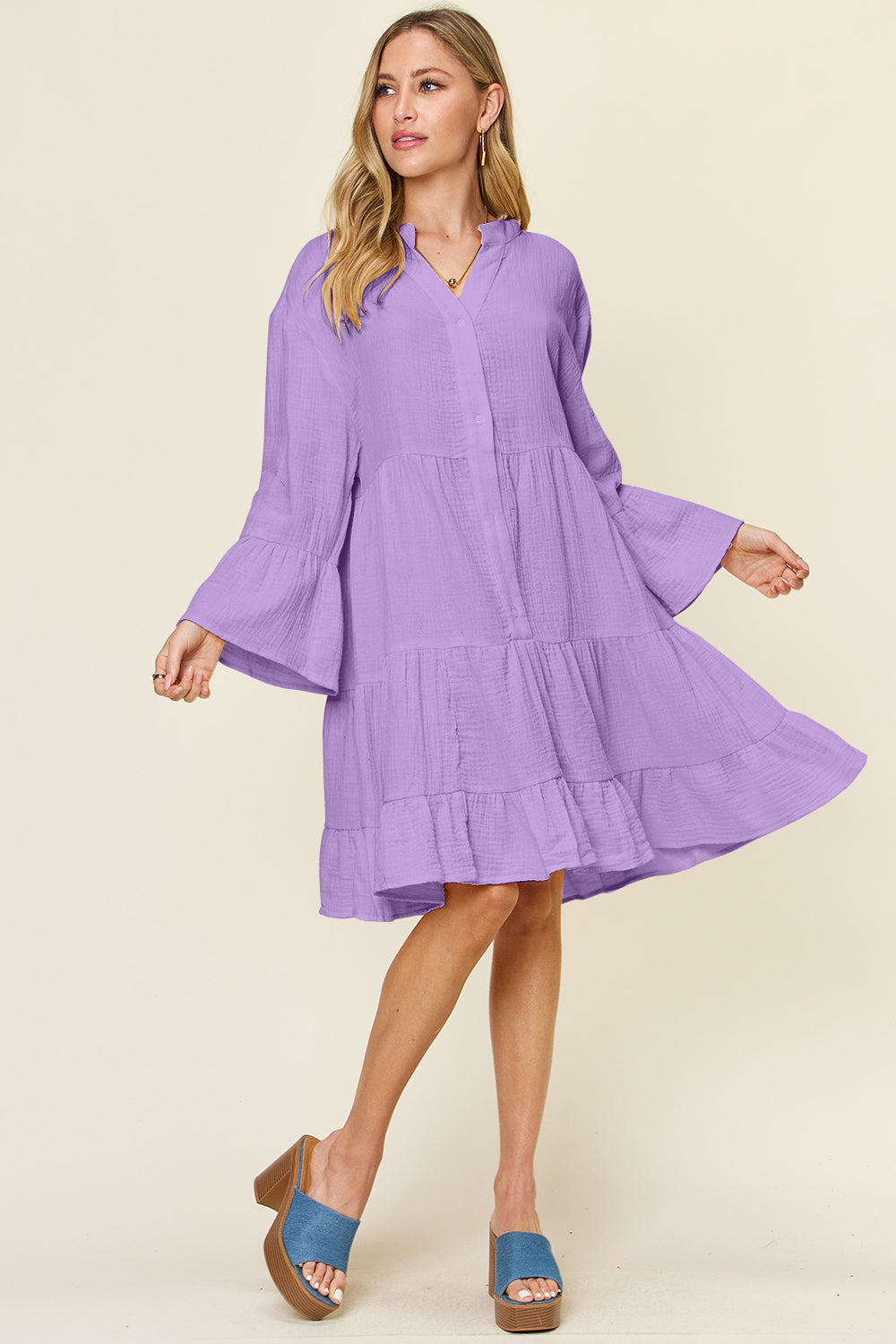 Double Take Full Size Texture Button Up Ruffle Hem Dress