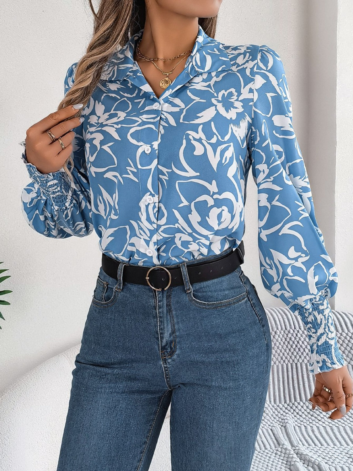 Printed Collared Neck Lantern Sleeve Shirt