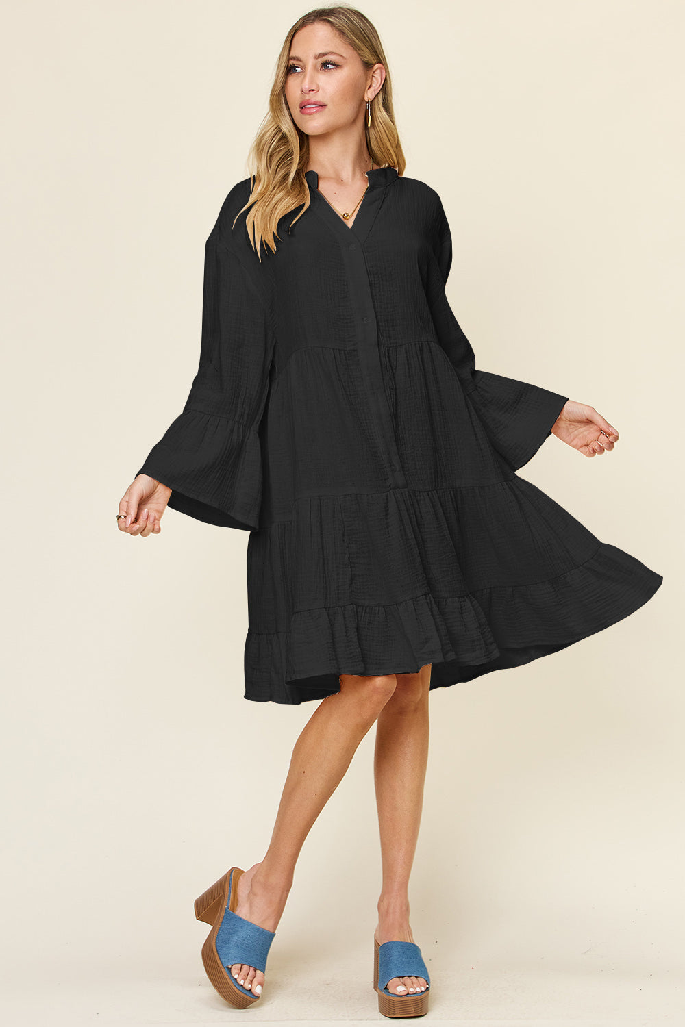 Double Take Full Size Texture Button Up Ruffle Hem Dress