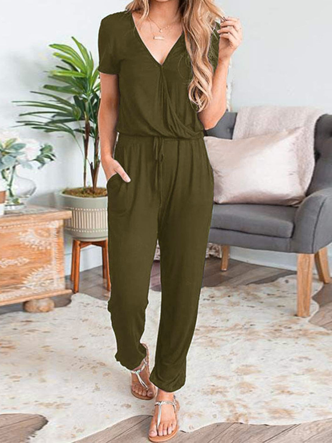 Shiny Drawstring Surplice Short Sleeve Jumpsuit