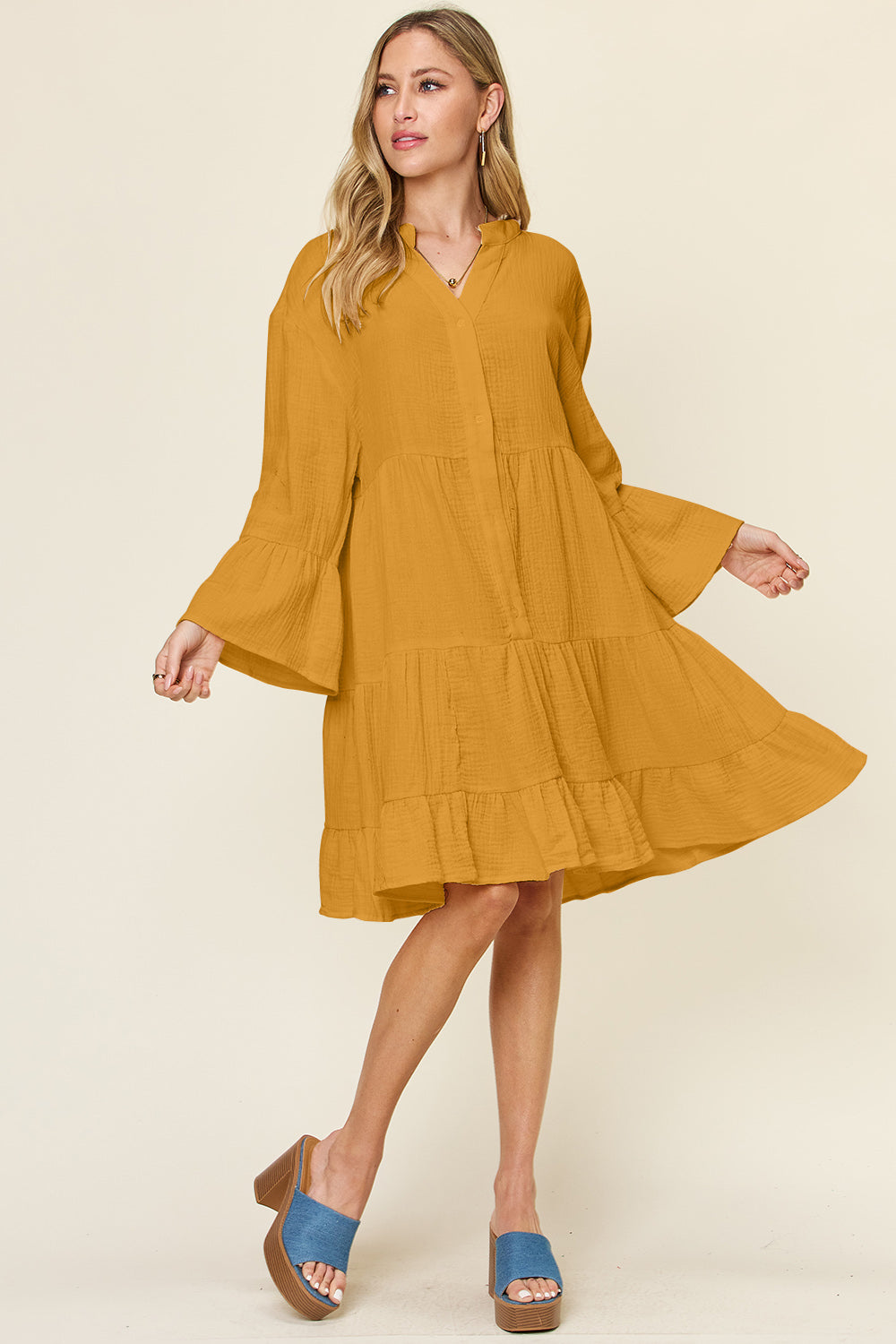 Double Take Full Size Texture Button Up Ruffle Hem Dress