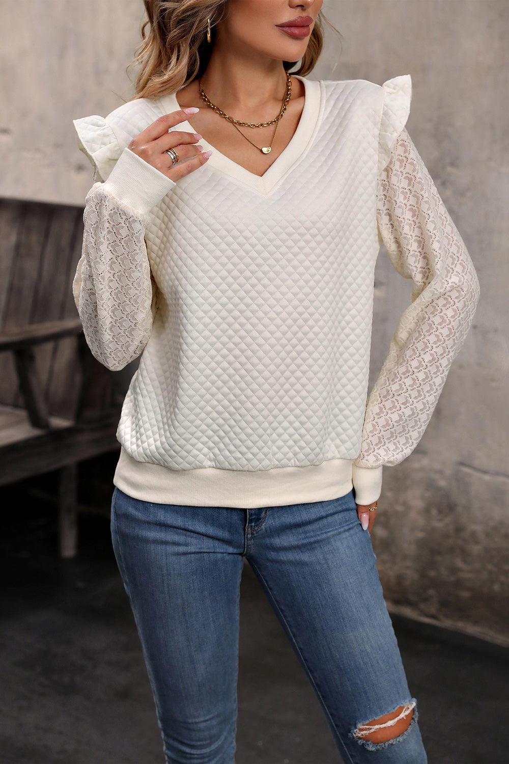 Perfee V-Neck Ruffle Trim Long Sleeve Sweatshirt