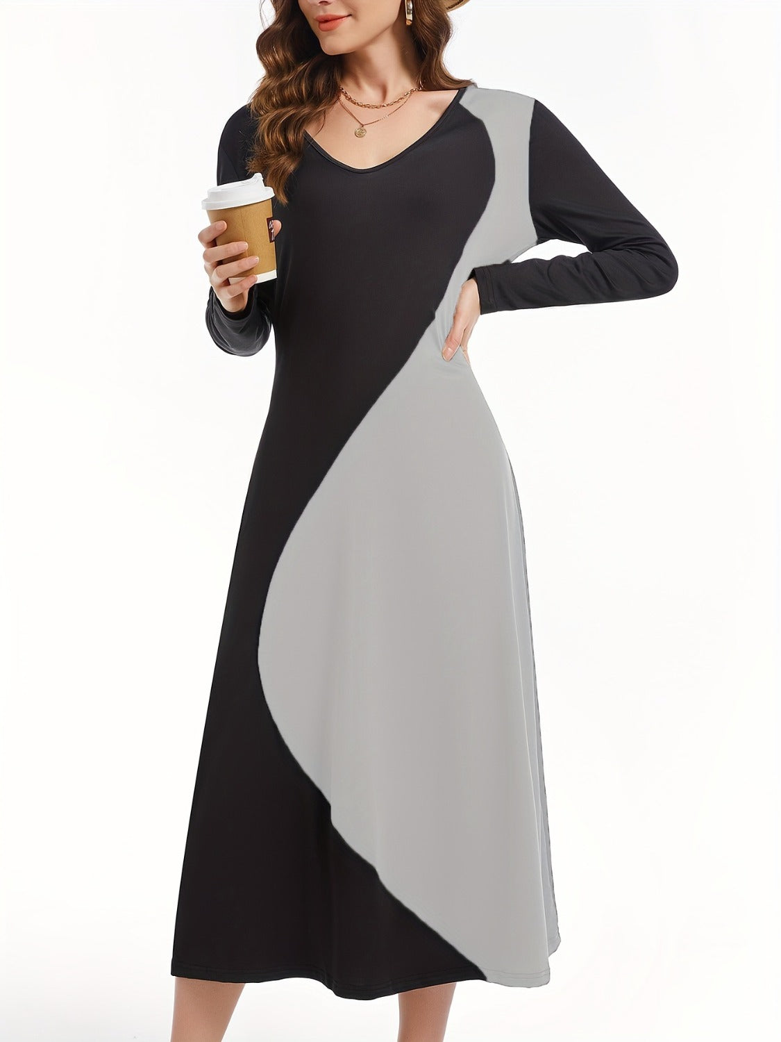 Contrast Long Sleeve Midi Dress