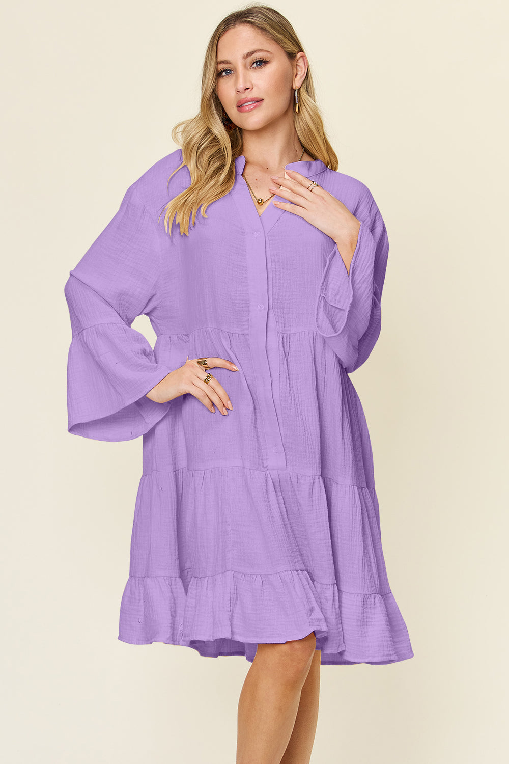 Double Take Full Size Texture Button Up Ruffle Hem Dress