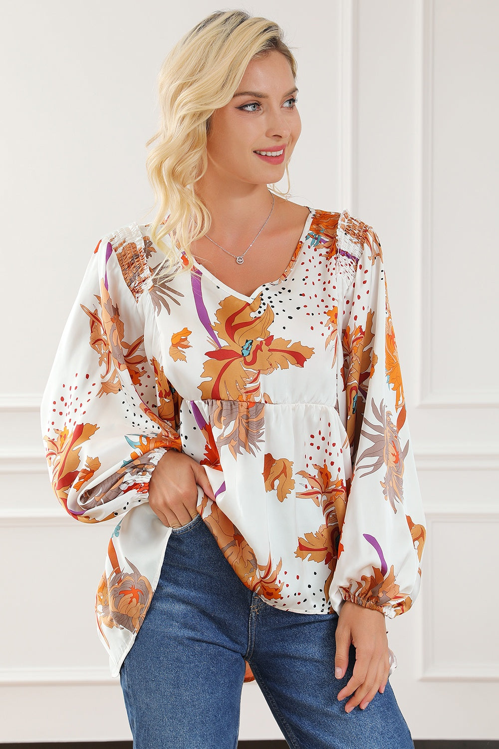 Printed V-Neck Smocked Balloon Sleeve Blouse