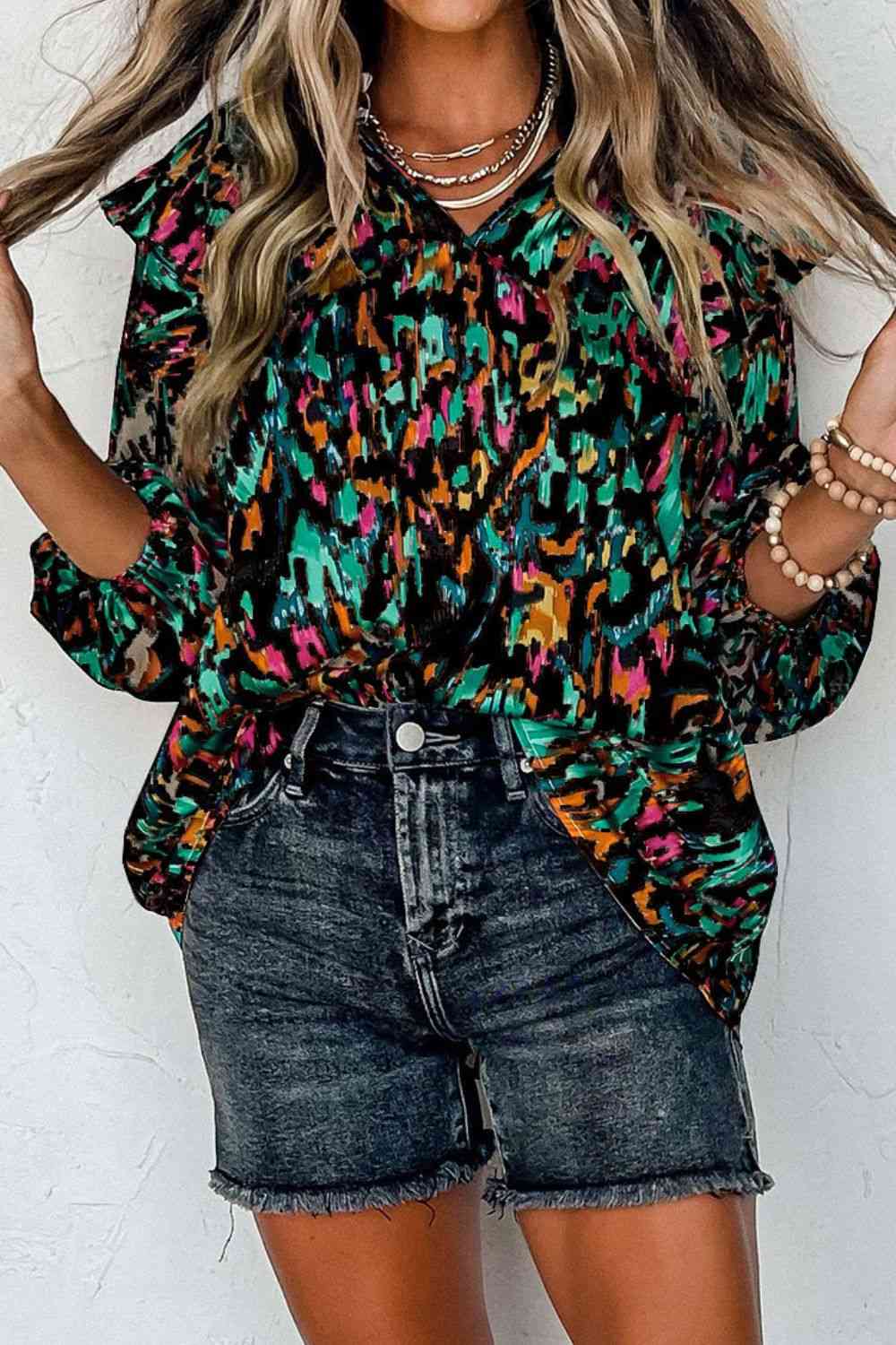 Printed Nochted Neck Ruffled Blouse