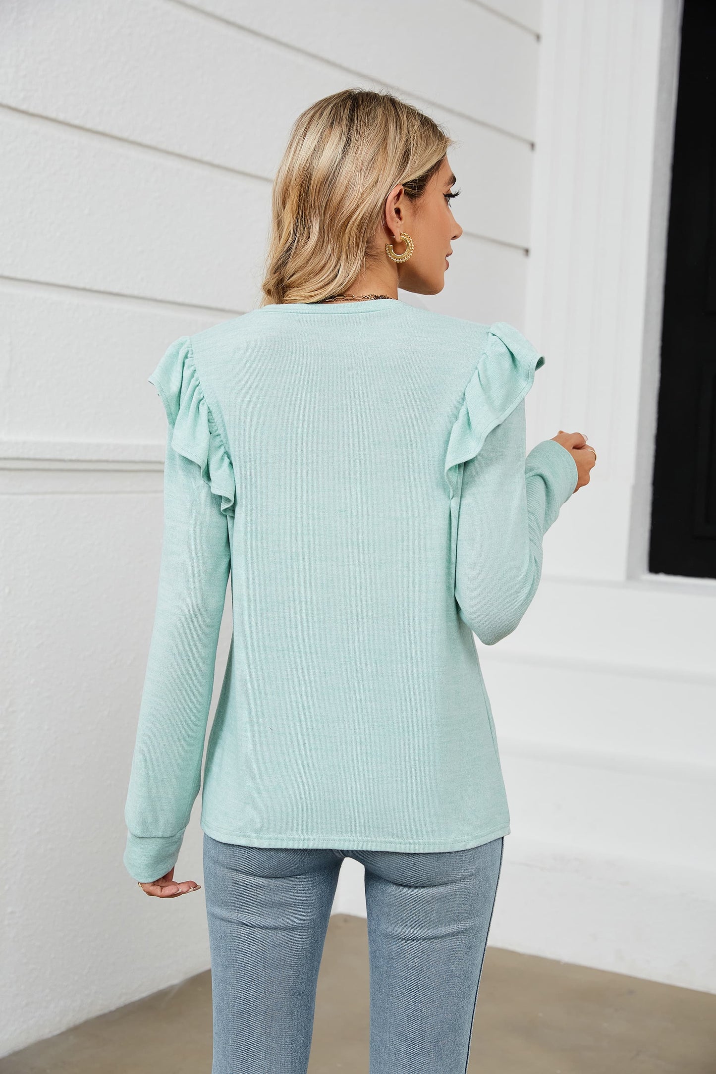 Ruffle Shoulder Long Sleeve T-Shirt