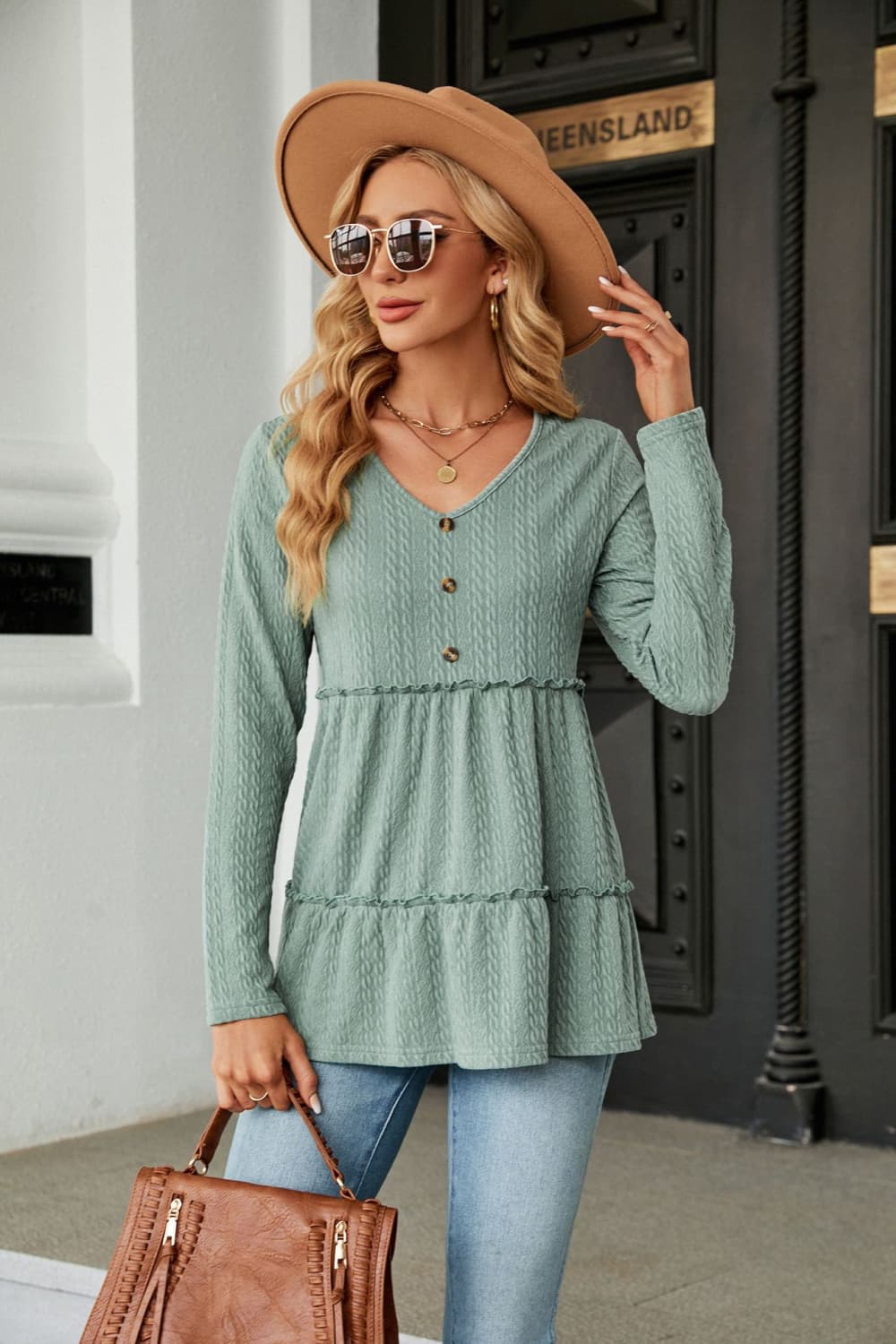 Long Sleeve V-Neck Cable-Knit Blouse