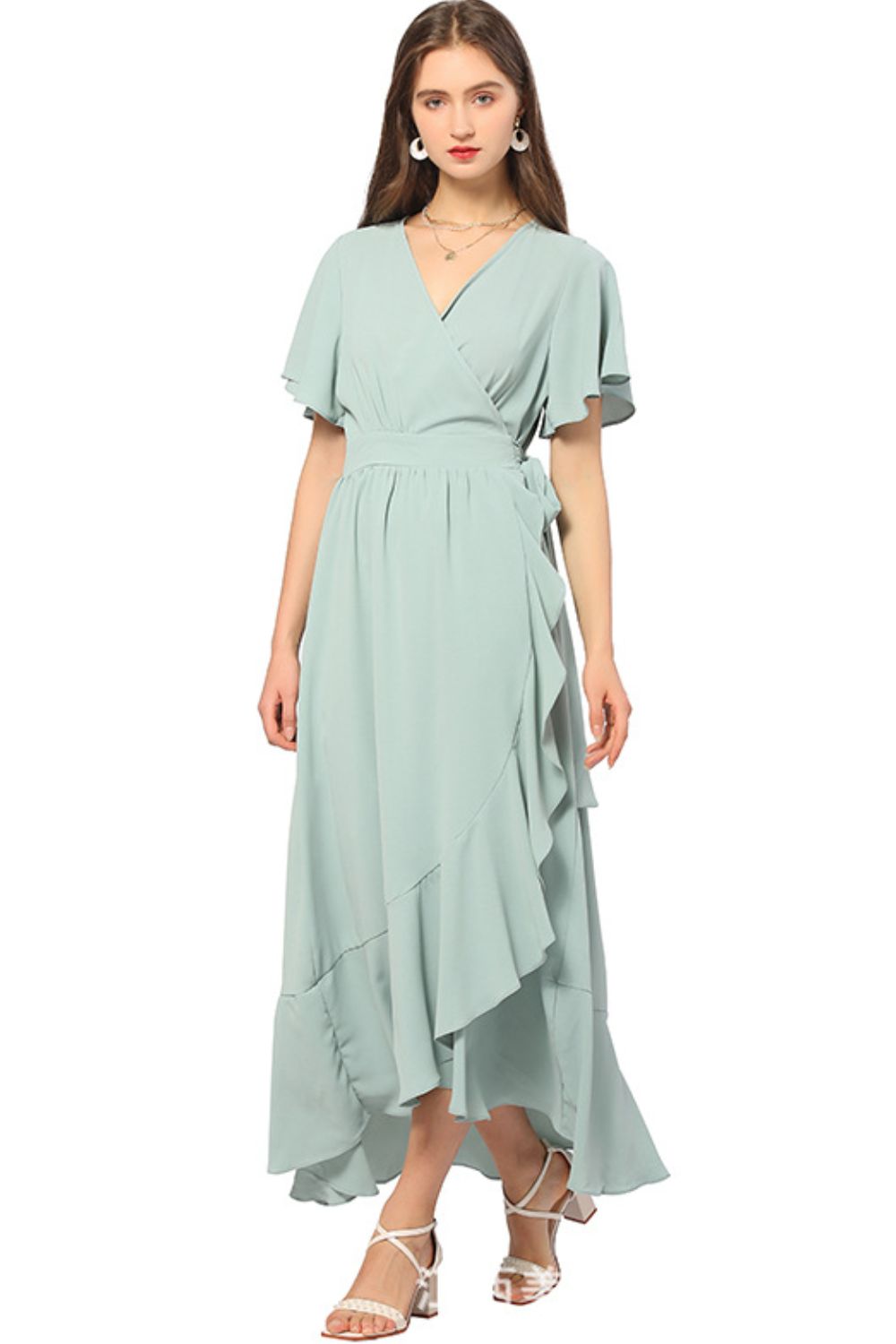 Ruffled Flutter Sleeve Tied Surplice Dress