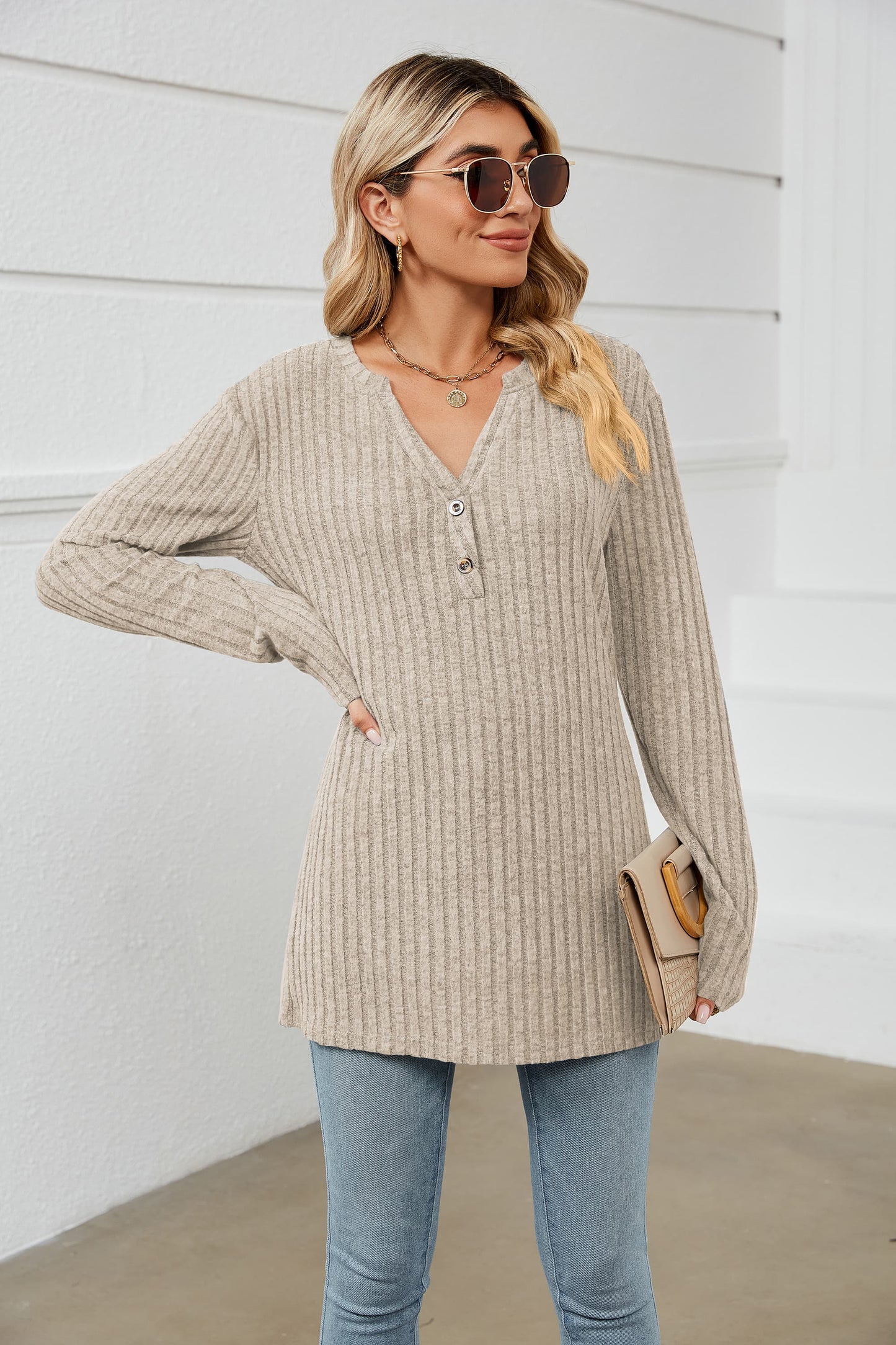 Notched Neck Ribbed Long Sleeve T-Shirt