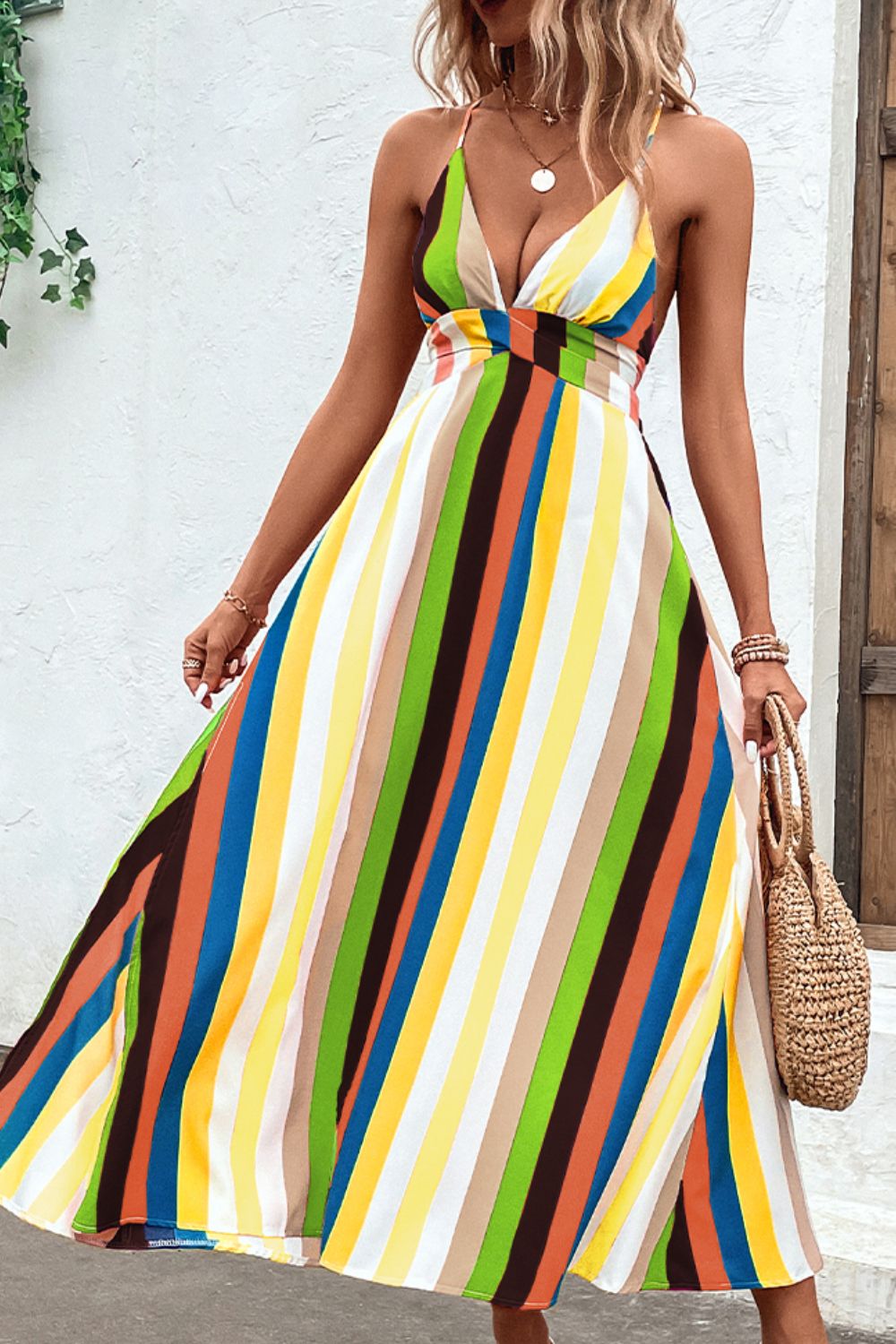 Multicolored Stripe Crisscross Backless Dress