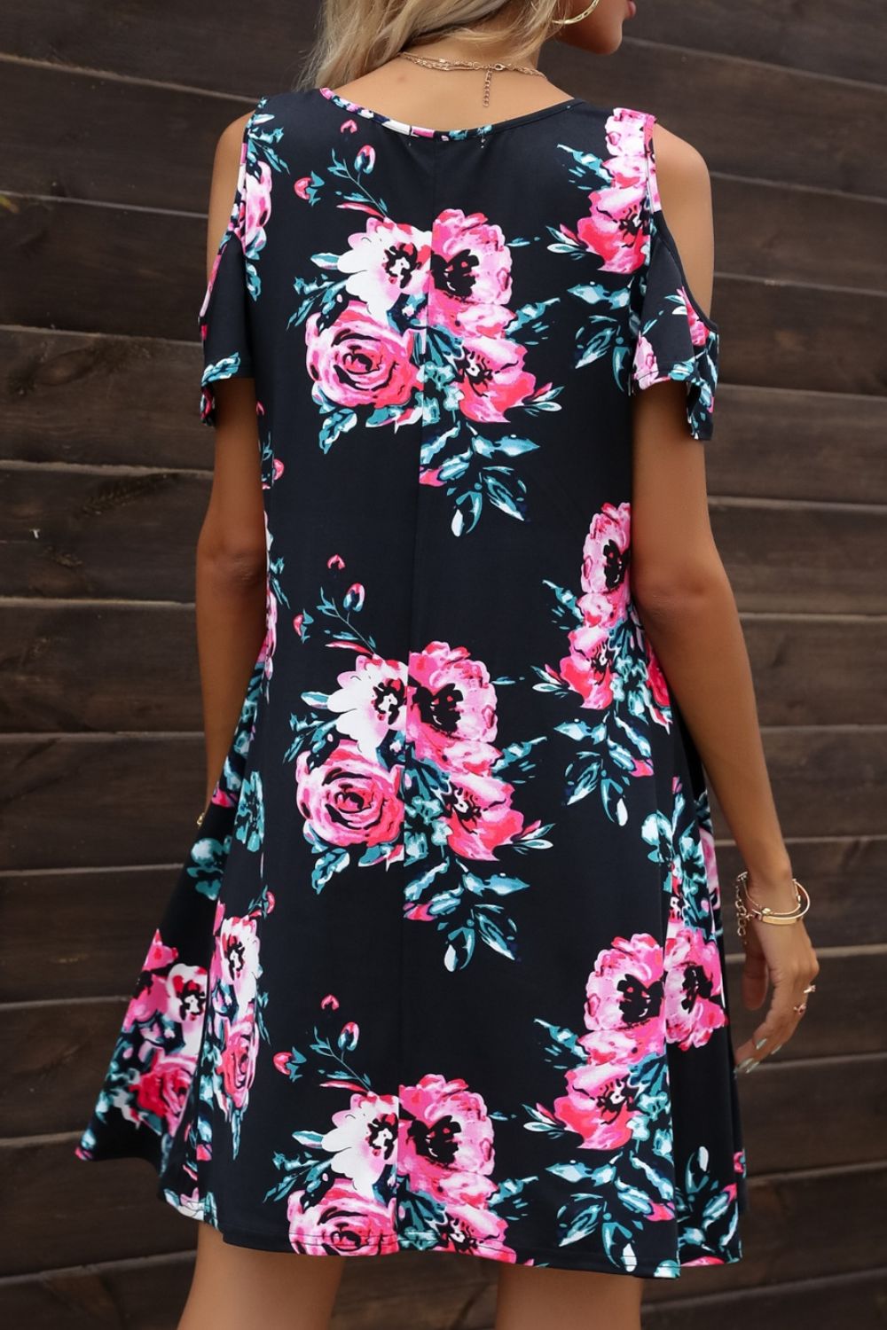 Floral Round Neck Cold-Shoulder Dress