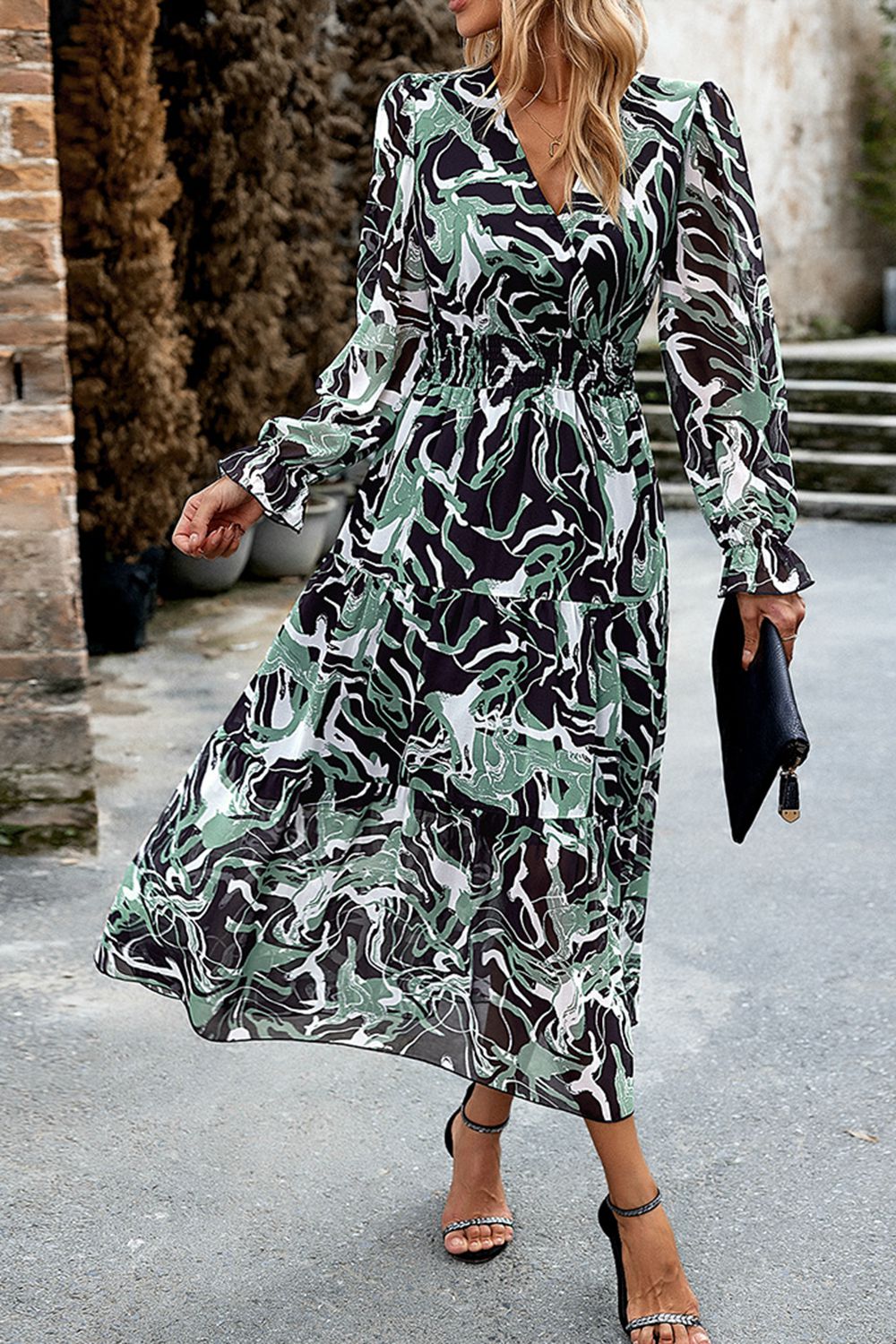 Printed Surplice Neck Flounce Sleeve Midi Dress