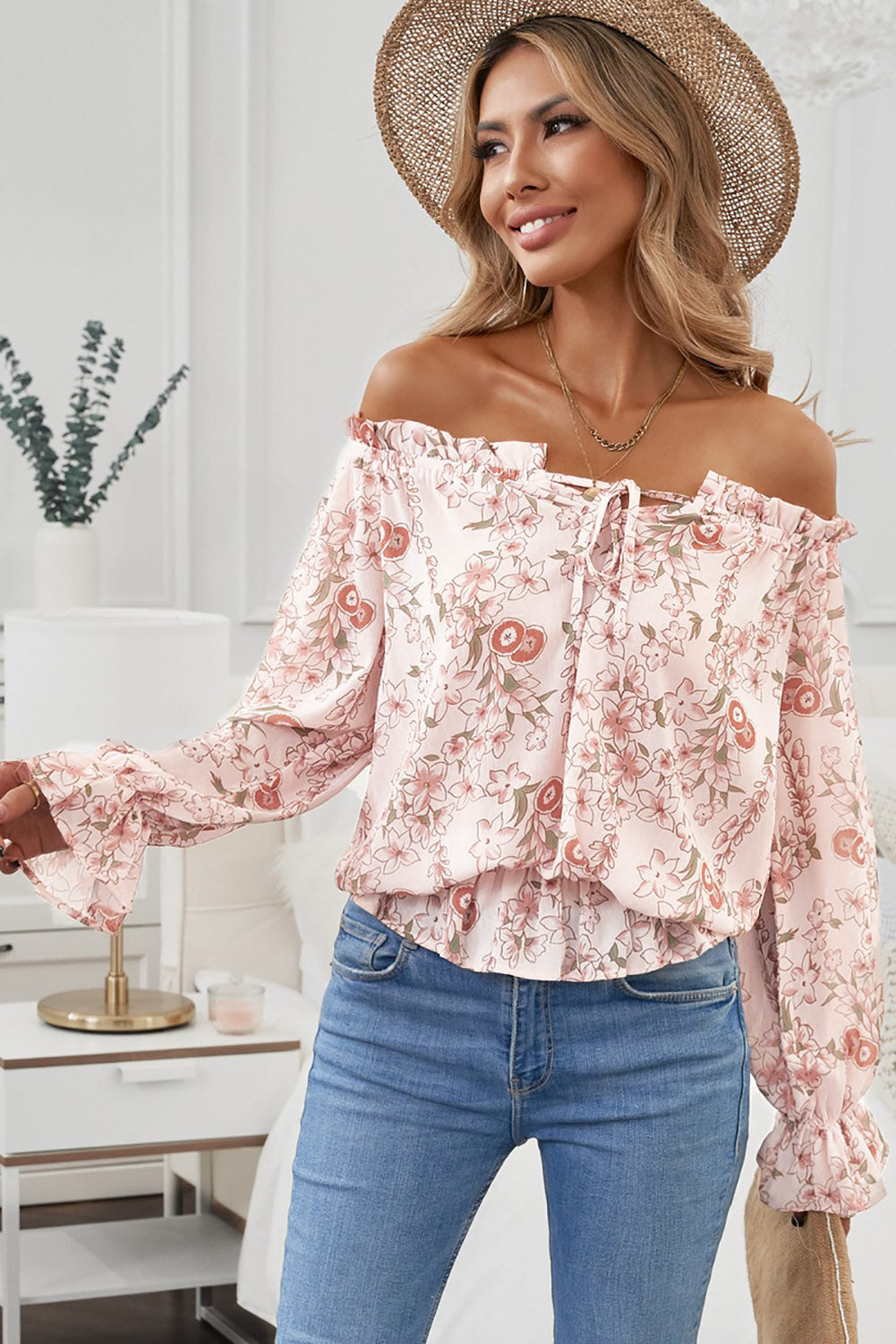 Floral Flounce Sleeve Frilled Off-Shoulder Blouse