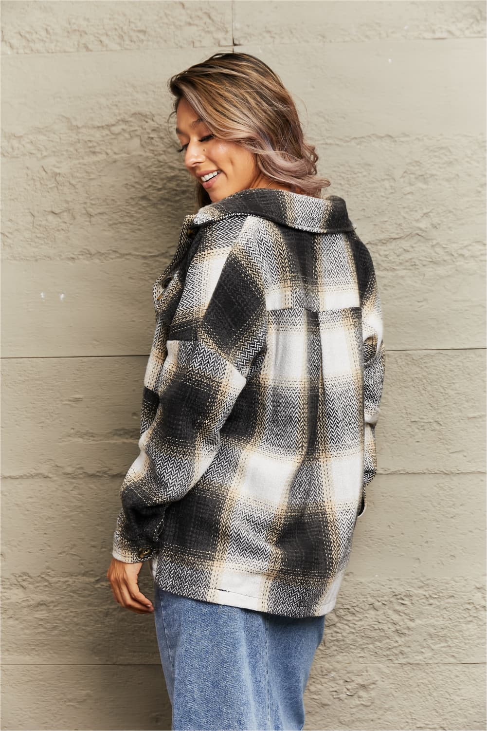 Plaid Dropped Shoulder Collared Jacket