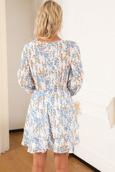 Printed Surplice Balloon Sleeve Mini Dress