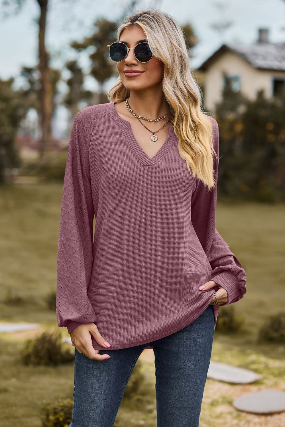 Notched Neck Raglan Sleeve Blouse