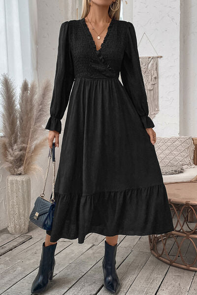 Smocked Surplice Flounce Sleeve Midi Dress