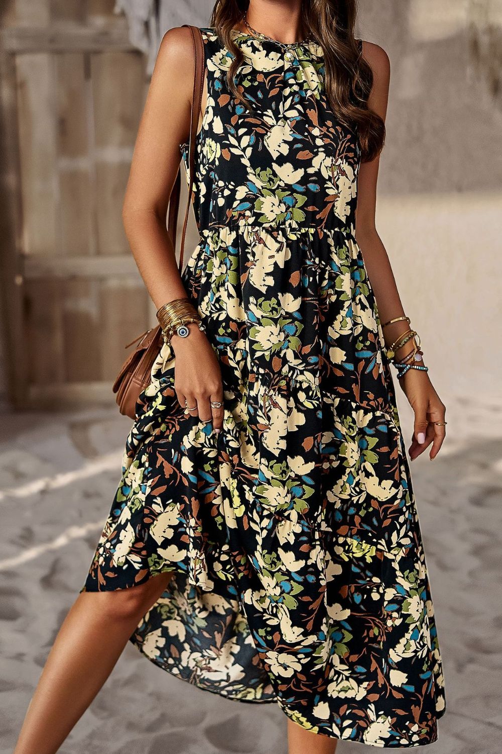 Printed Sleeveless Midi Dress with Pocket