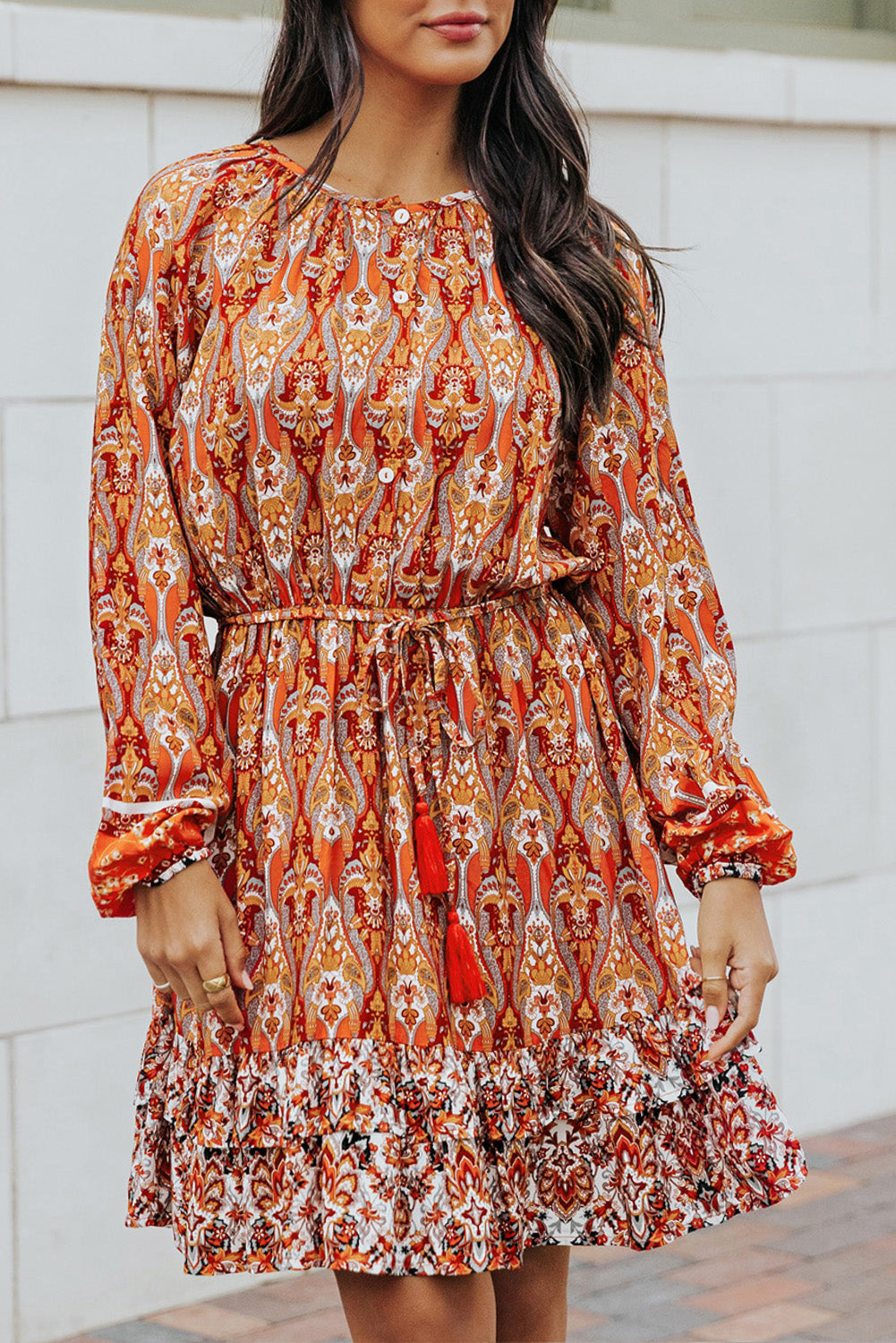 Printed Balloon Sleeve Tassel Tie Dress