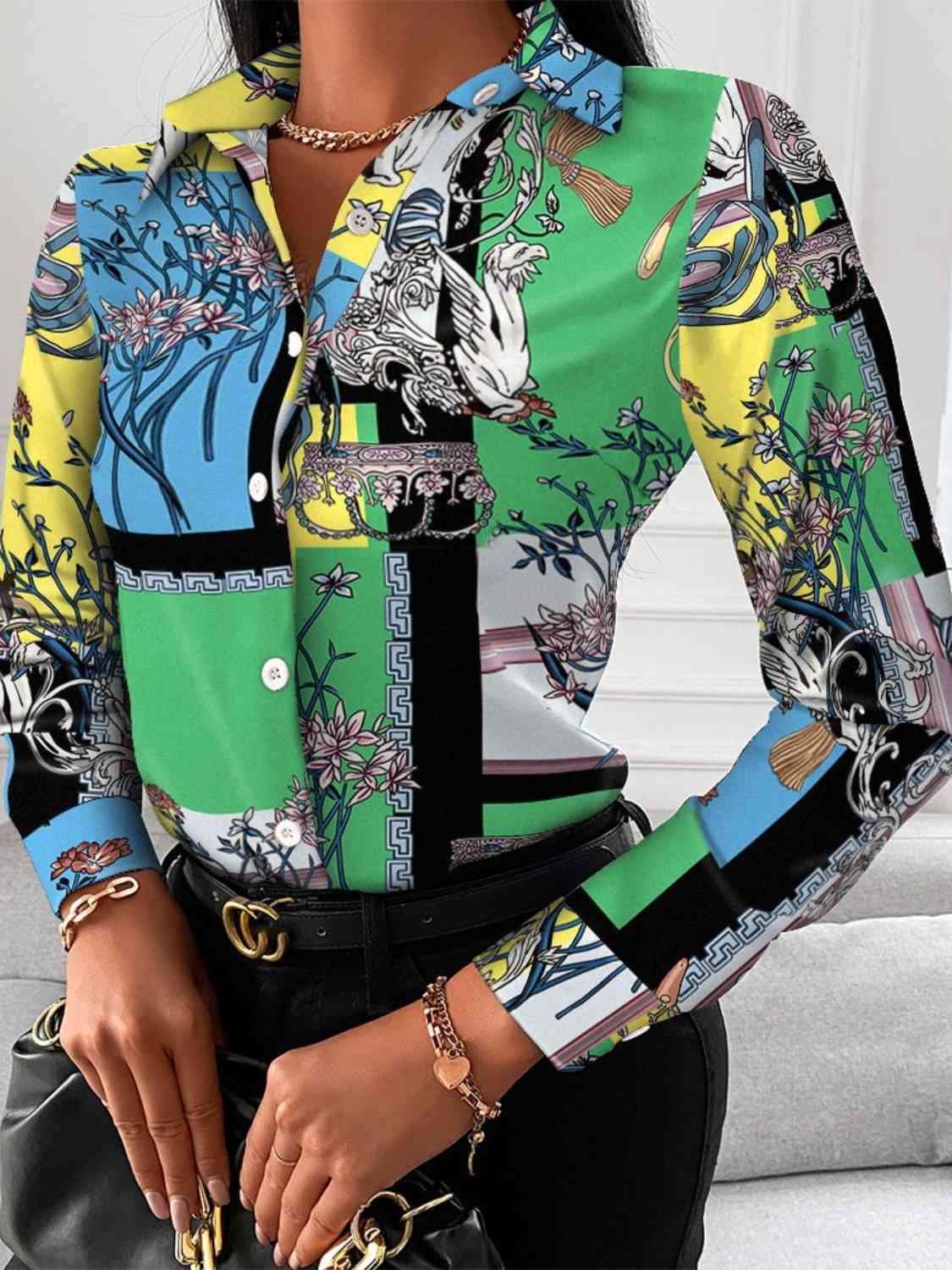 Printed Collared Neck Long Sleeve Shirt