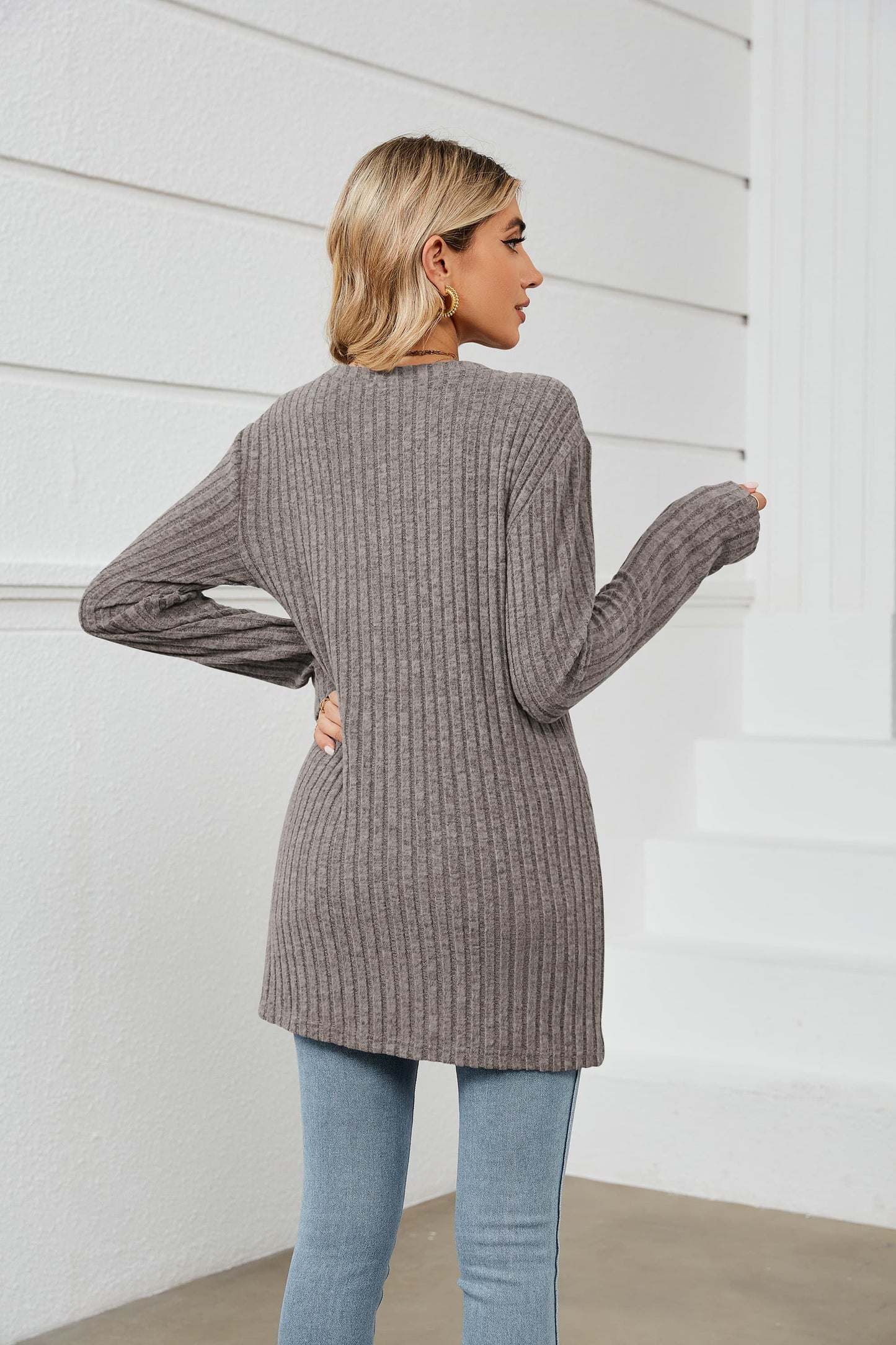 Notched Neck Ribbed Long Sleeve T-Shirt