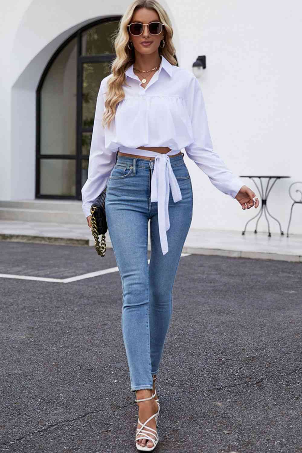 Cropped Lapel Collar Tie Waist Long Sleeve Blouse