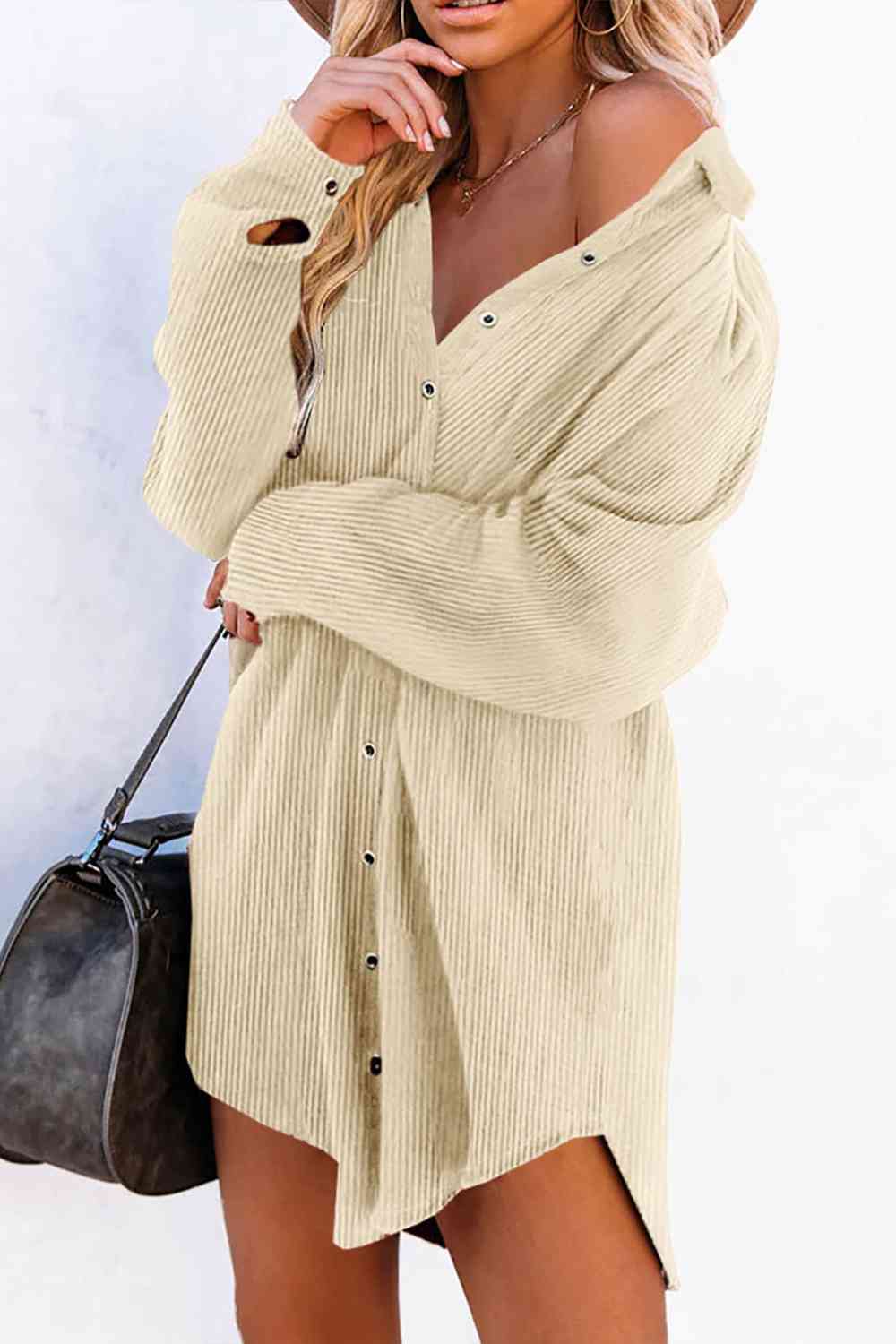 Ribbed Button Up Mini Shirt Dress