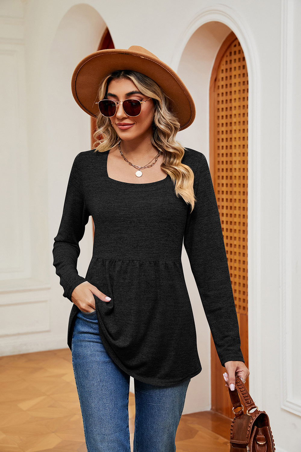 Square Neck Long Sleeve Peplum Top