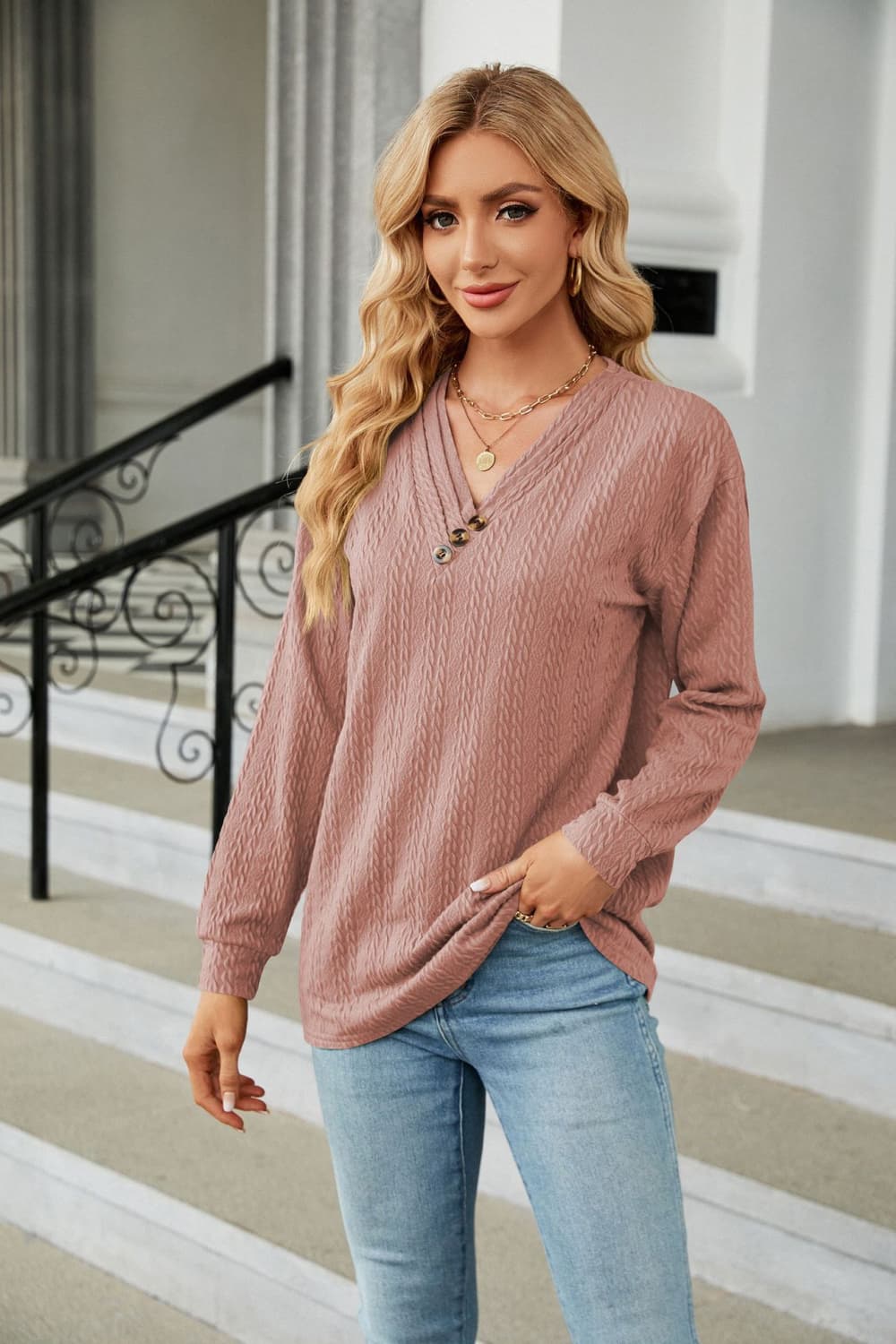 Decorative Button V-Neck Long Sleeve T-Shirt