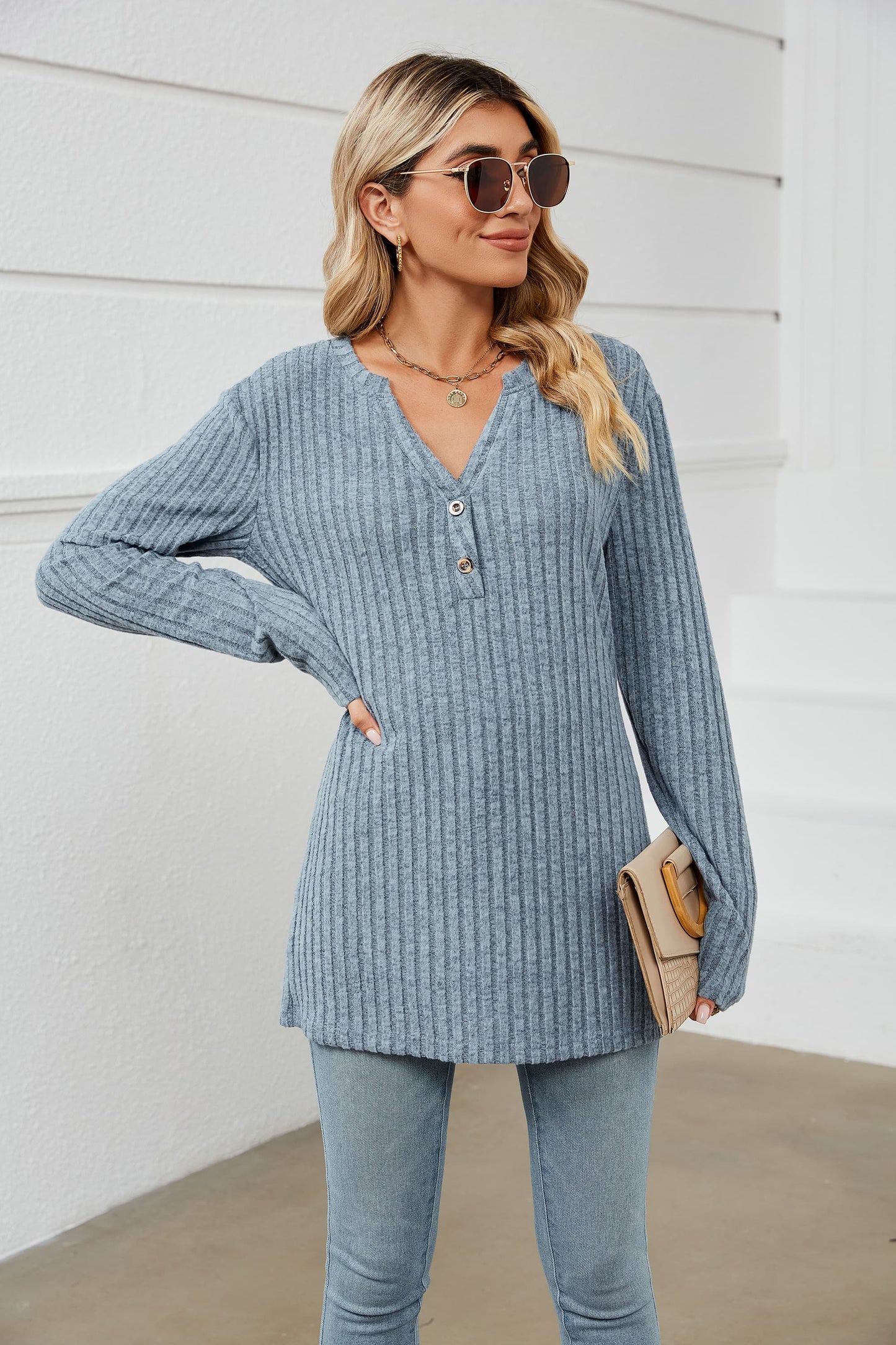 Notched Neck Ribbed Long Sleeve T-Shirt