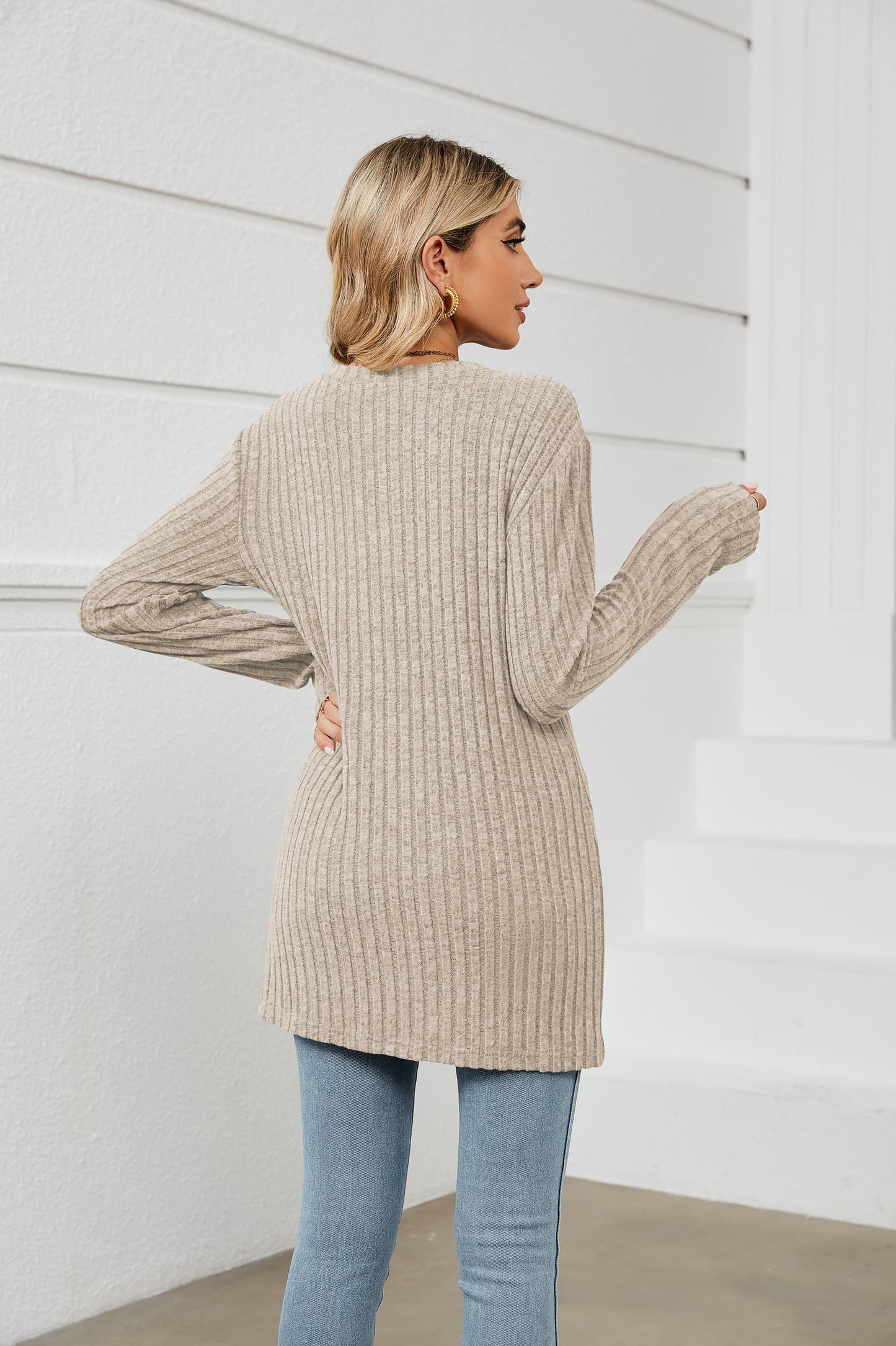 Notched Neck Ribbed Long Sleeve T-Shirt