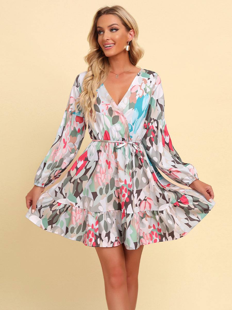 Printed Tie-Waist Puff Sleeve Surplice Dress