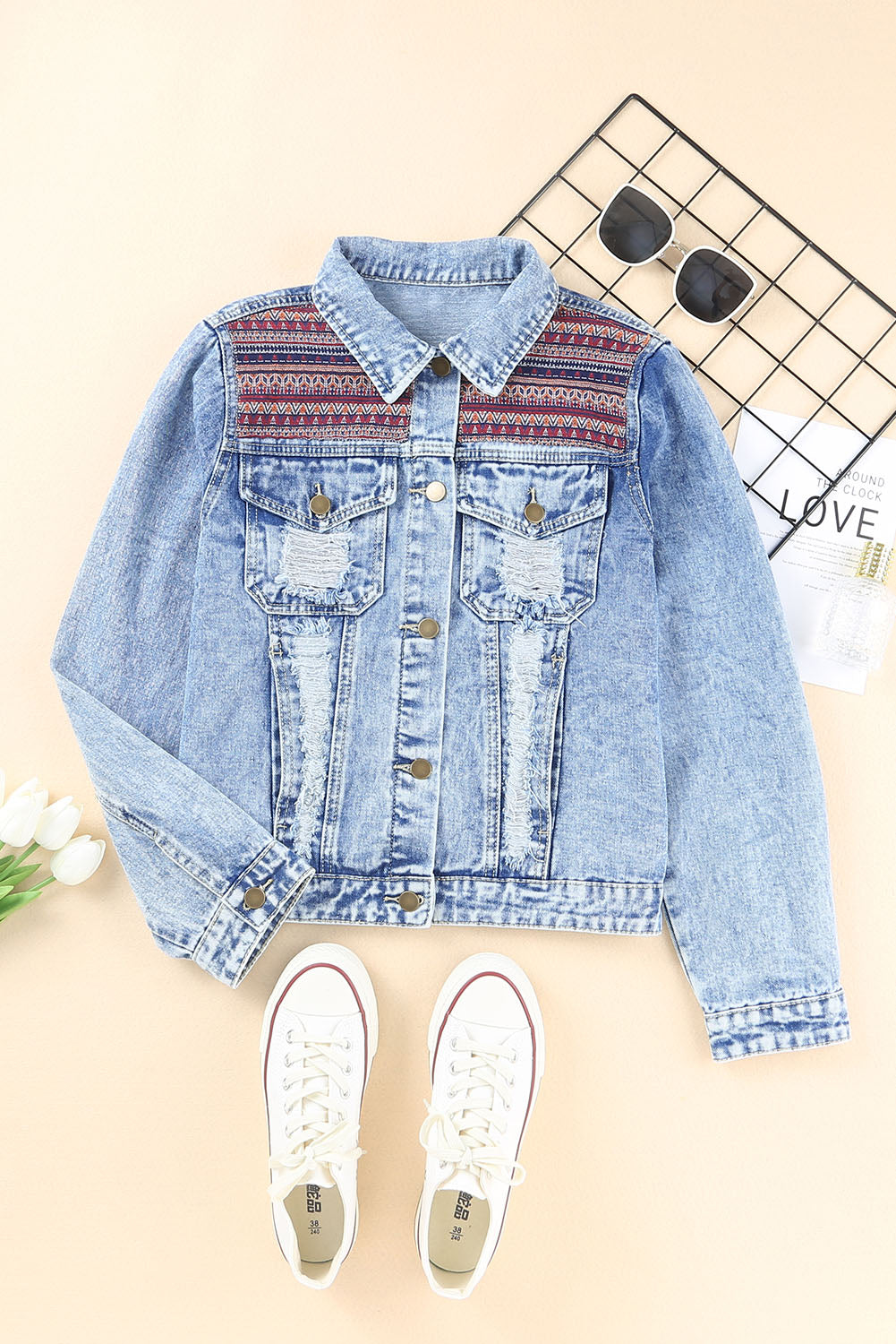 Printed Distressed Denim Jacket