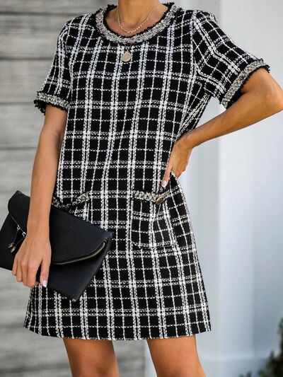 Pocketed Plaid Round Neck Short Sleeve Dress