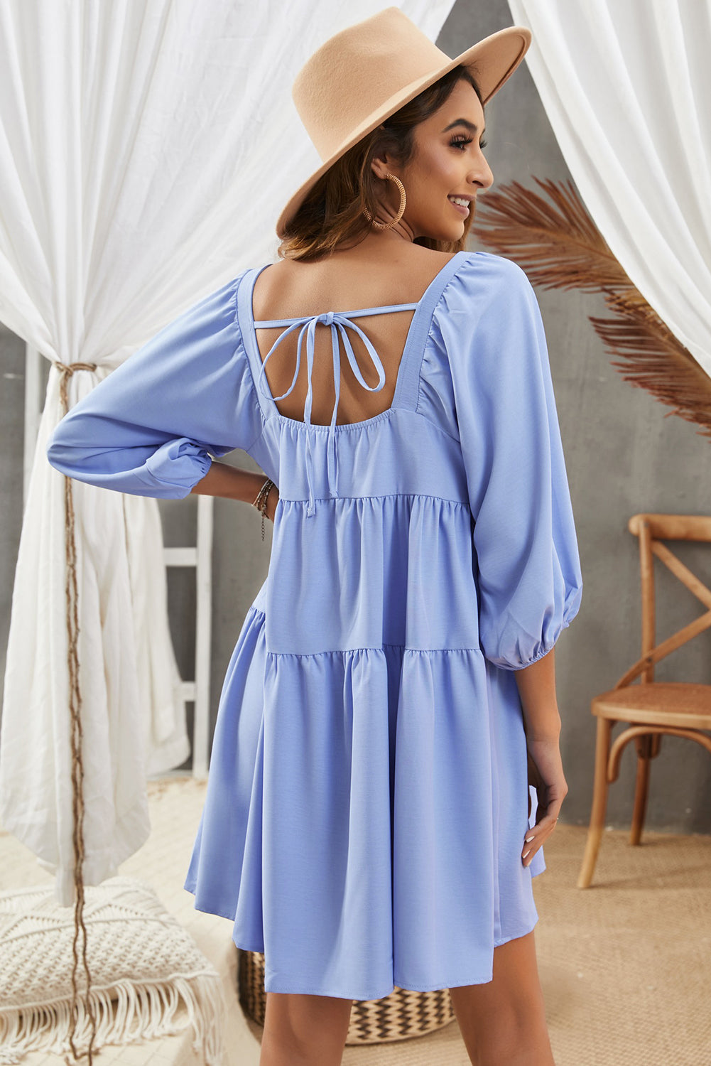 Square Neck Tie Back Tiered Dress