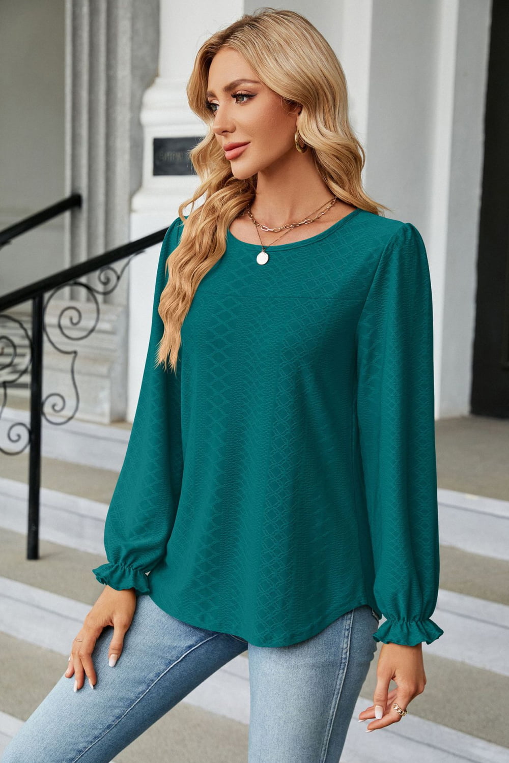 Round Neck Flounce Sleeve Blouse