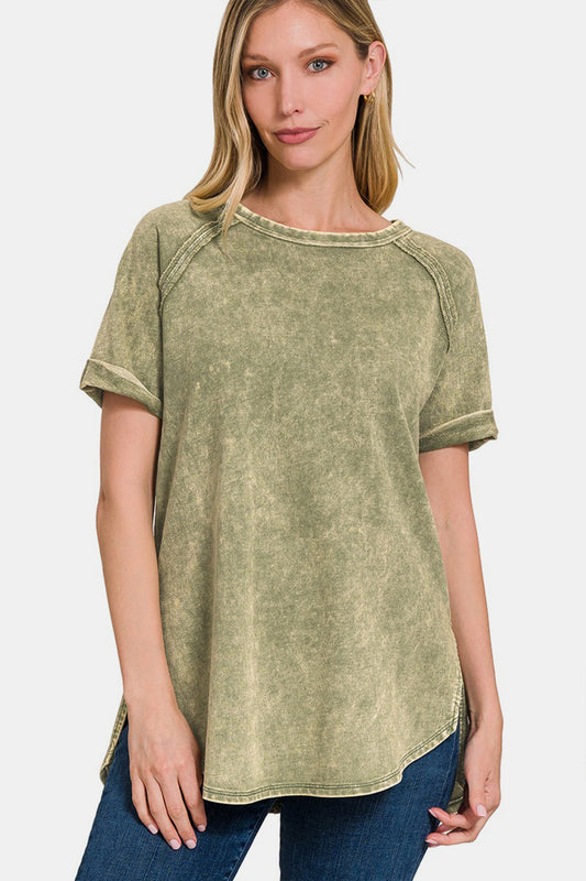 Zenana Heathered Round Neck Short Sleeve Blouse